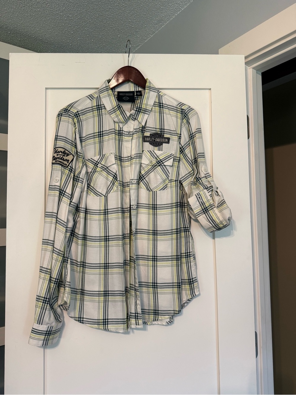 Harley-Davidson Cream, Green & Black Plaid Button-Up Shirt